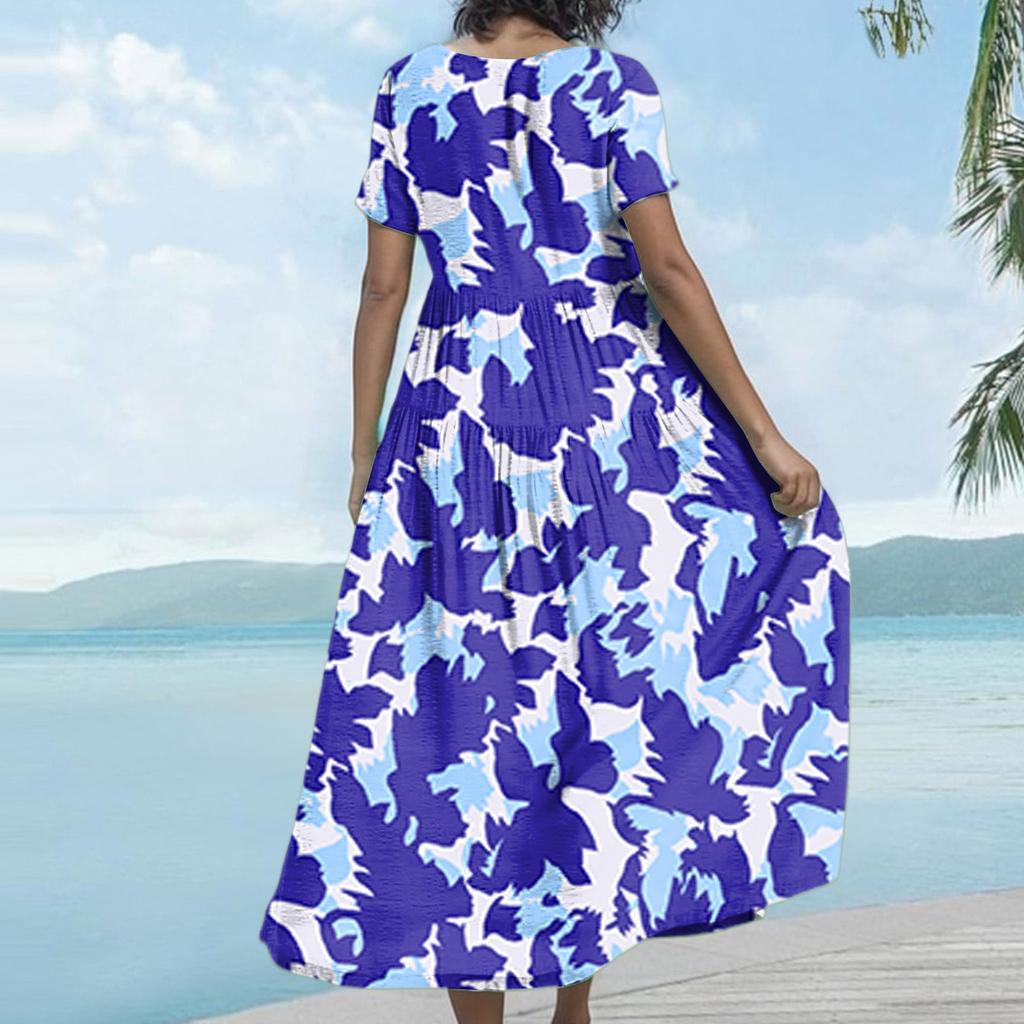 Women Casual Loose Bohemian Floral Dress Short Sleeve Long Maxi Summer Beach Swing Dress