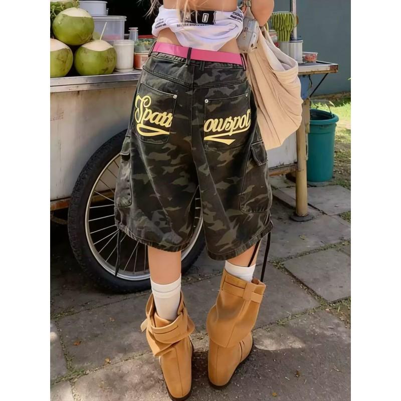 Men Women Loose Fit Cargo Shorts With Camo Print Drawstring Waist Denim Mid-Thigh Pants Casual Wear