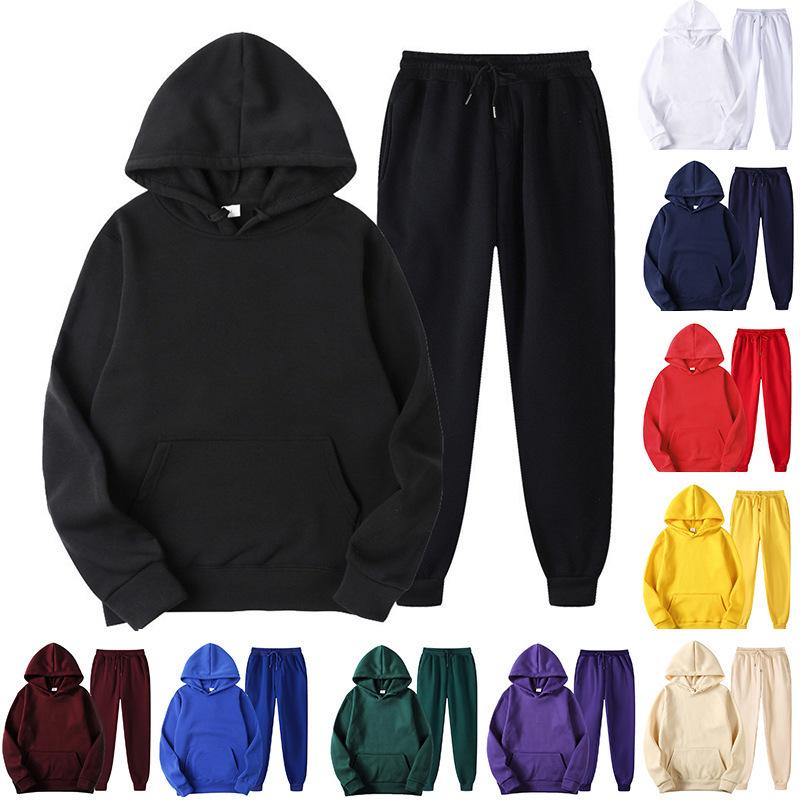 Unisex Casual Sports Hoodie Set - Solid Color Autumn/Winter Warm Velvet Jacket