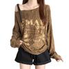 Plus Size Retro Off-the-Shoulder Long-Sleeve T-shirt for Women - Autumn Style, Loose Fit, Slimming, Versatile.
