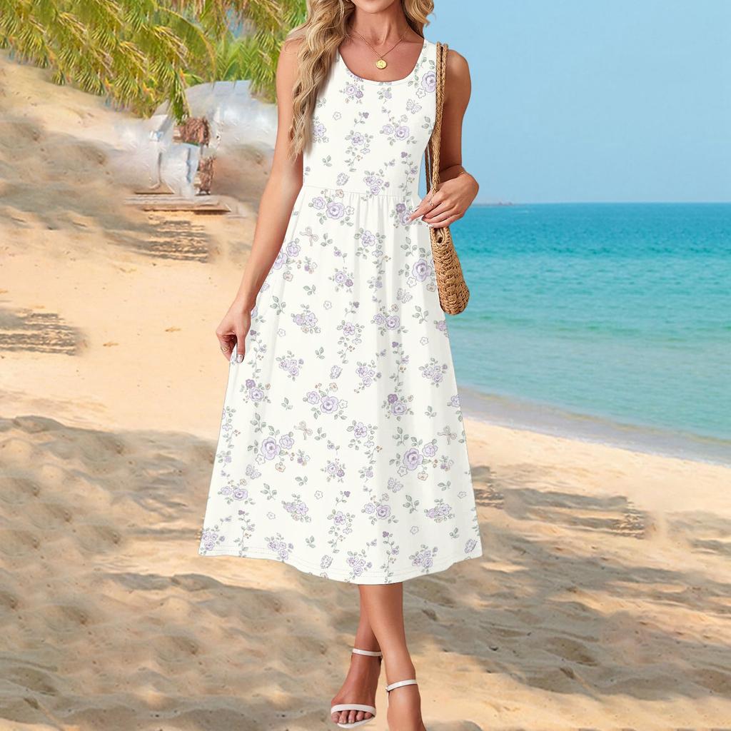 Ärmelloses Maxikleid mit Blumenprint für Damen, lässiger lockerer Schnitt, Sommer-Maxikleid mit Taschen, Rundhalsausschnitt