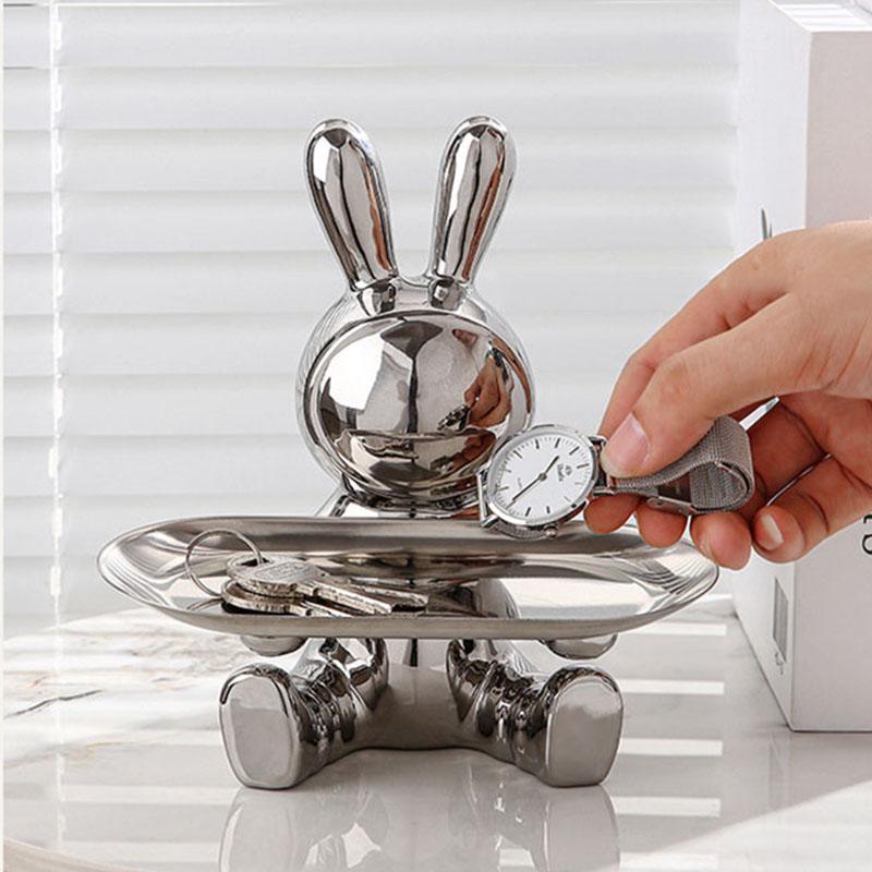 NORTHEUINS Resin Electroplated Astronaut Rabbit Tray Figurines for Interior Home Office Desktop Storage Container Decor Objects