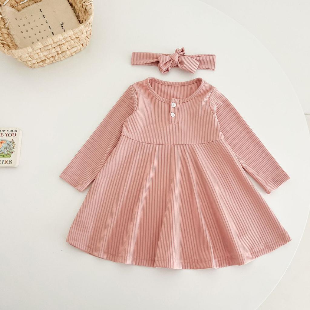 Girls Spring Autumn Ribbed Long Sleeve Dress Solid Button Front Round Neck Casual Chic Kids Clothing