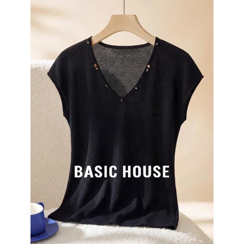 Basic House V-Neck Beaded Knit Top L