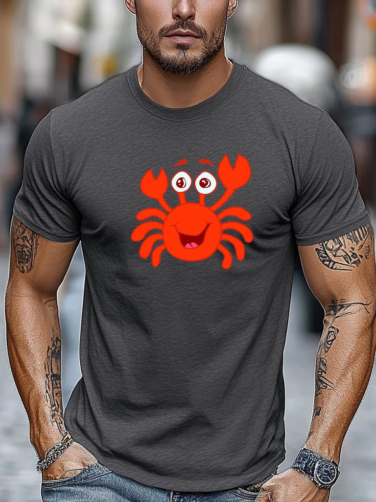 Cheerful Red Cartoon Crab Sea Animal Graphic Unisexs Cotton Crew Neck Tee Short Sleeve Loose Casual Daily Street Male Wear Top