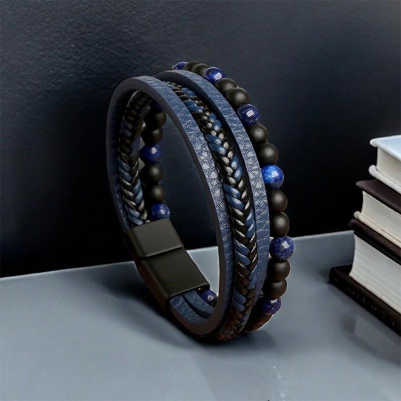 Men's Retro Leather Woven Bracelet with Magnetic Clasp - European & American Style