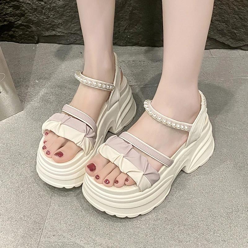 Fashion 8CM Summer Casual High Platform Sandals Women Buckle Strap Slippers Thick Bottom Pearl Sandalias Woman Chunky Casual Shoes Mujer