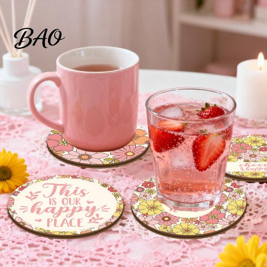 Rabbit Pattern Mug Pads 4PCS Easter Flower Coasters Set, Thick Cork Base Non-Slip Heat Resistant Drink Kitchen Countertop Protection Coasters, Floral