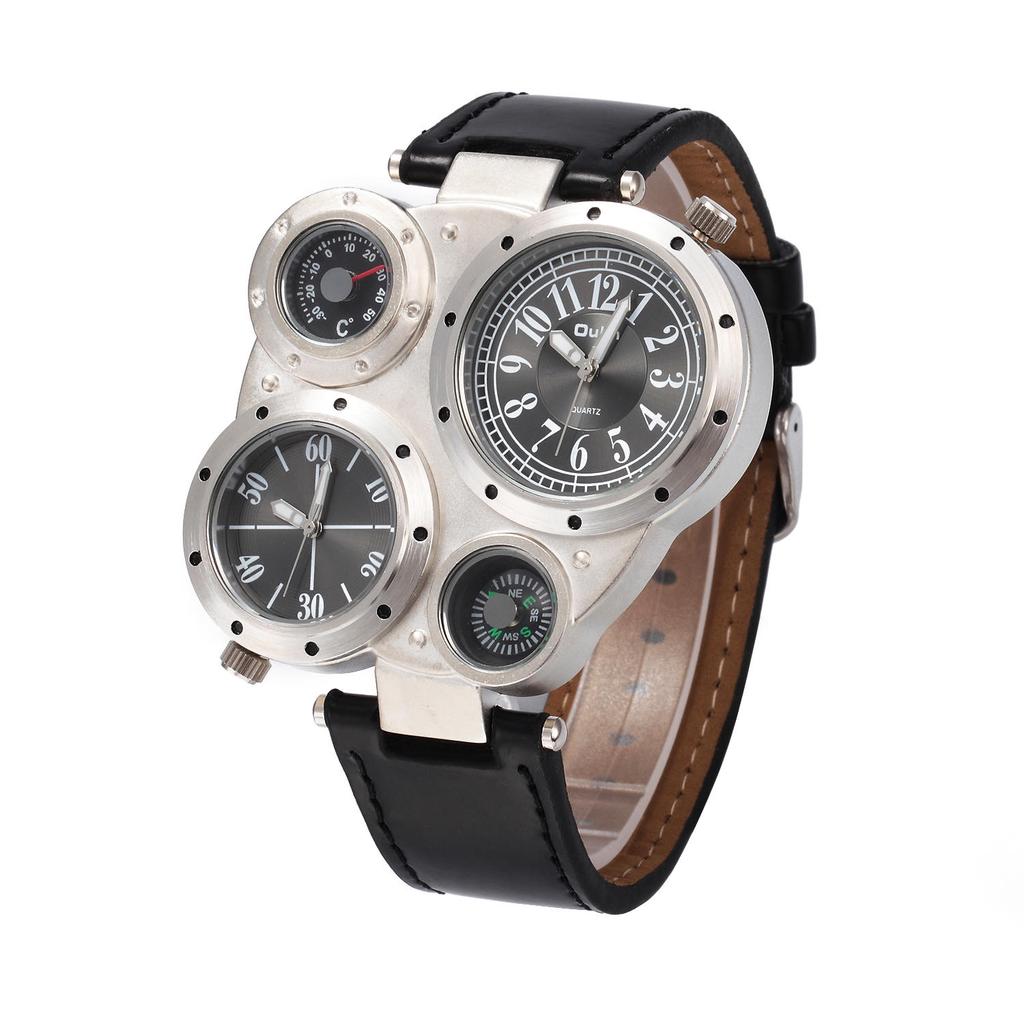 Oulm Fashion Luxury Men's Watch Double Time Zone Large Dial Luminous Leather Strip Men's Quartz Watches relojes para hombre