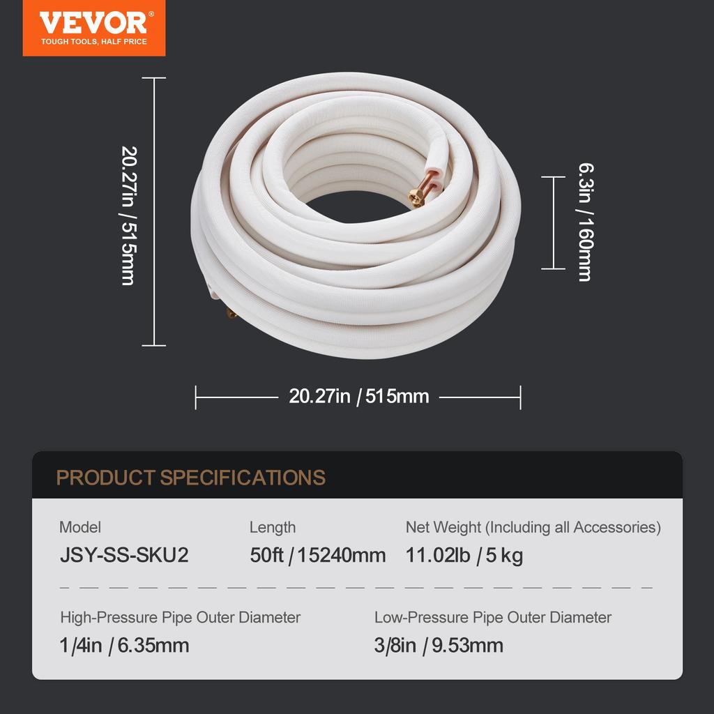 VEVOR 15240mm Mini Split Line Set, 6.4 & 9.5mm O.D Copper Pipes Tubing and Triple-Layer Insulation