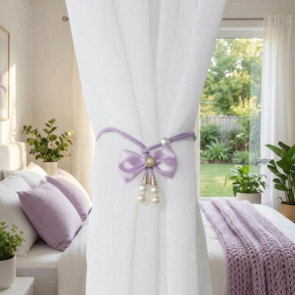 2 PCS Pearl Bowknot Curtain Straps Adjustable Curtains Tie Rope Curtain Tieback Living Room