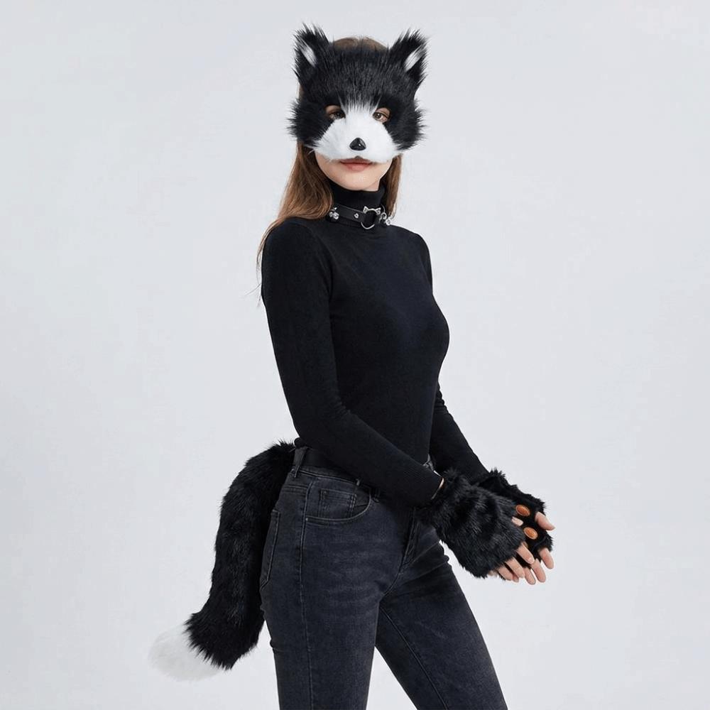 Funny Animal Costume Set Polyester Tail Mask Paw Gloves Full Set Plush Cosplay Mask Masquerade