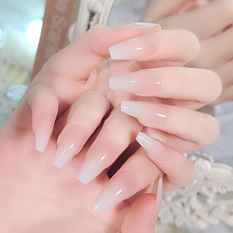 

Удлиненные глянцевые накладные ногти нюдового цвета с накладными ногтями с желейной наклейкой — накладные пальцы в форме гроба для долговечного и стильного вида