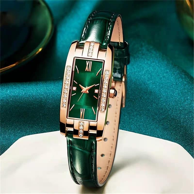 

Womens Watches Fashion Square Ladies Quartz Watch Bracelet Set Green Dial Simple Leather Luxury Women Watches зелёный
