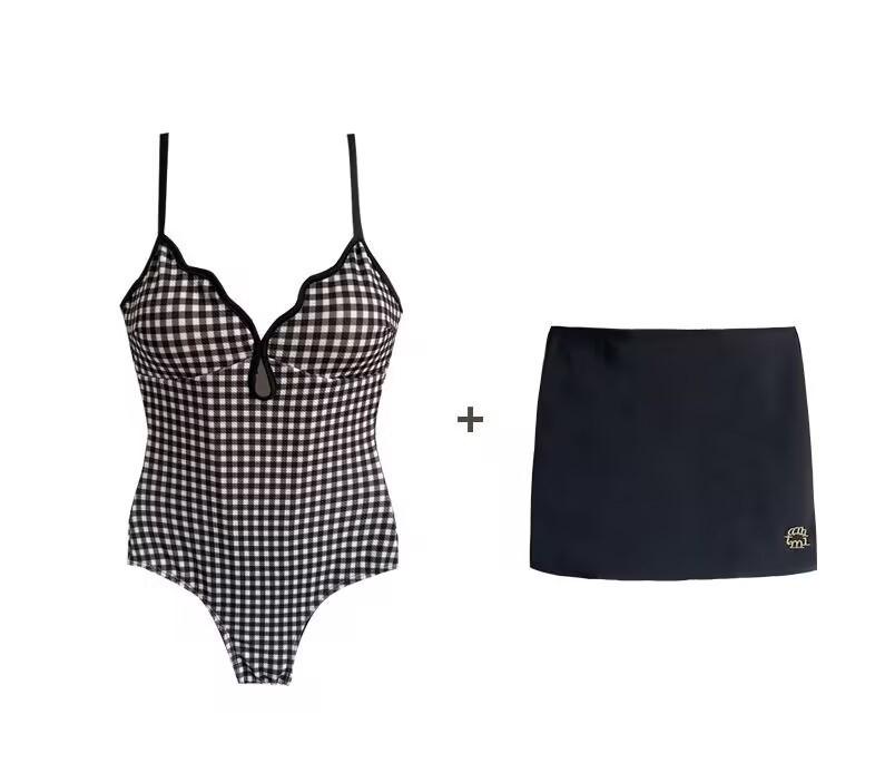 French Blue Gingham Retro Slimming Tie-Up One-Piece Swimsuit