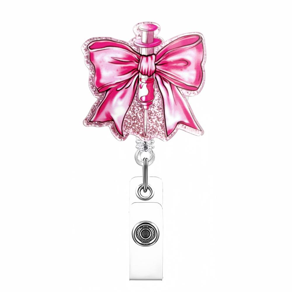 Bow Cherry Acrylic Badge Holder Sparkling Powder Medical Theme Retractable Pull Badge Reel Id Lanyard Name Tag Card Badge Holder