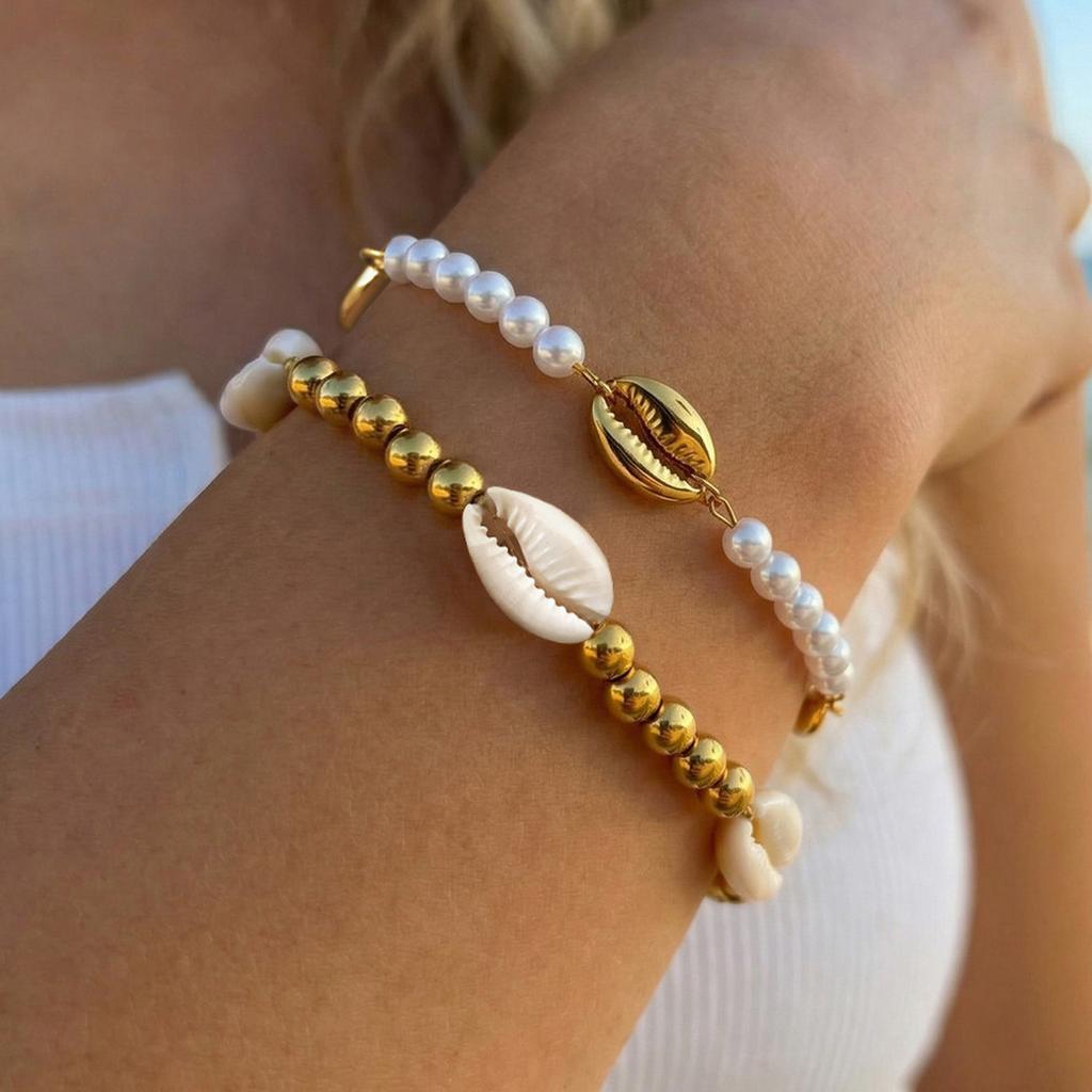 Bohemian Metal Shell Pearl Bracelet for Women Waterproof Stainless Steel Bead Bracelet Summer Beach Vacation Wrist Jewelry 2026
