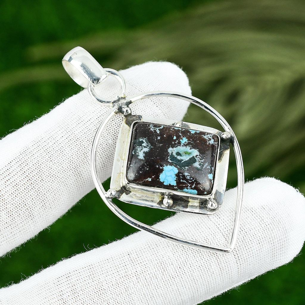 Rectangle Tibetan Turquoise Stone Artisan Wedding Bezel Pendant Sterling Silver