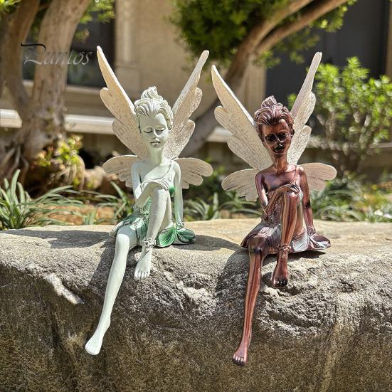 Sculptură din rășină cu zână așezată, figurină de zână, decor de grădină, statuie de zână înaripată pentru artă de grădină în aer liber și desktop interior