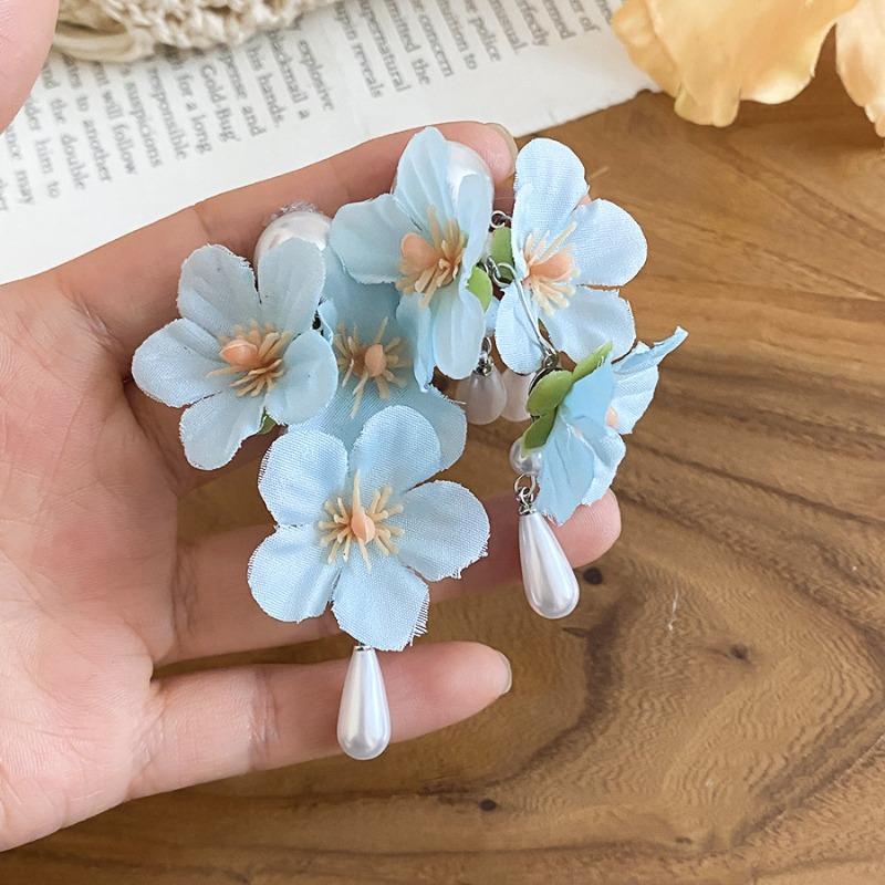 Star blue flower note~ vacation wind blue fringed flower stud earrings sweet temperament earrings niche high-end earrings women