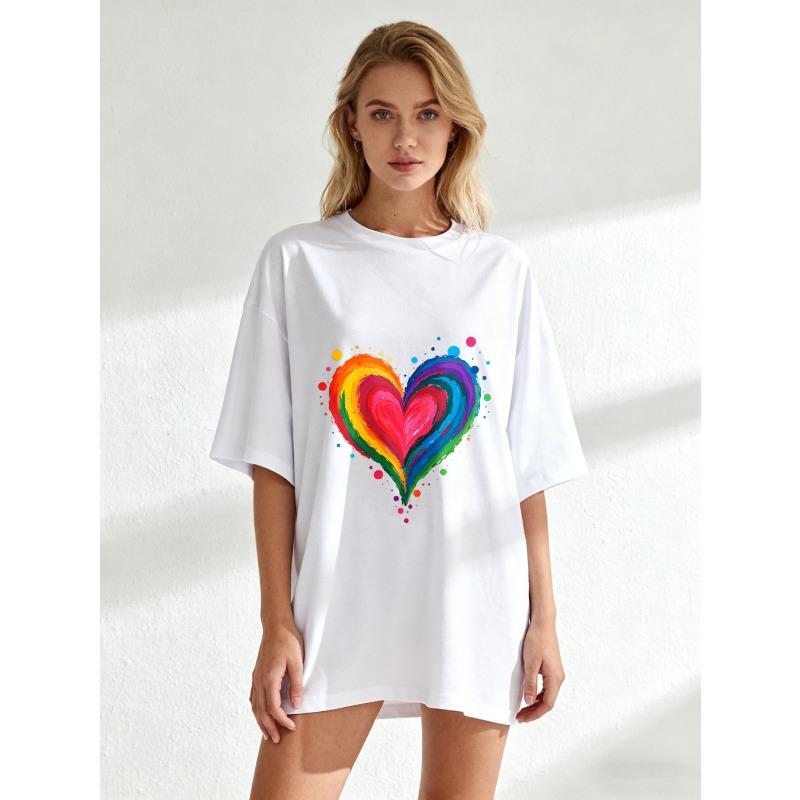 Oversize Women's Short-Sleeve T-Shirt with Rainbow Brushstroke Heart and Colorful Ink Spot Print