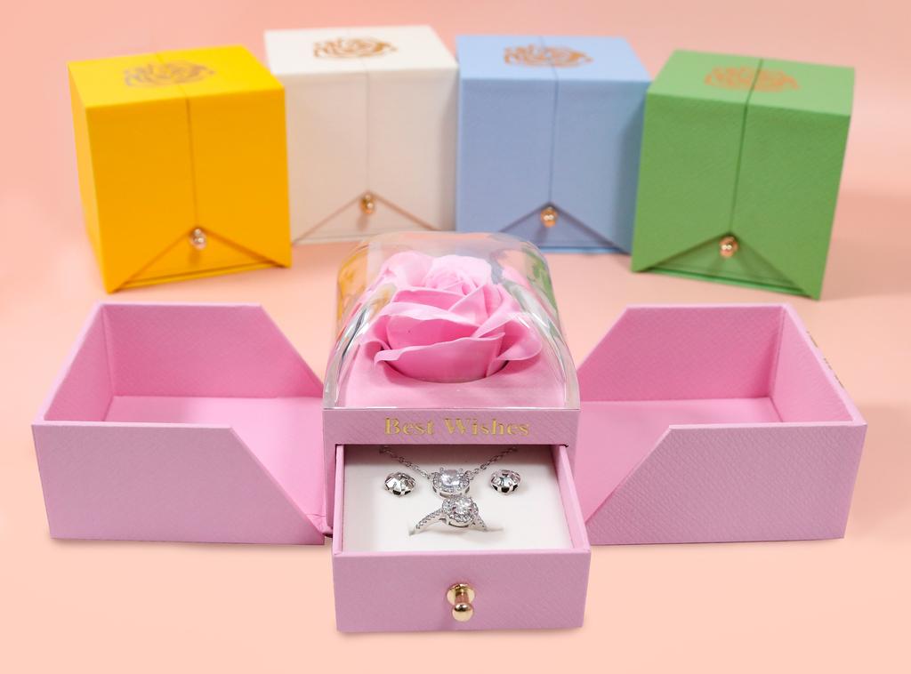 Double Door Jewelry Box Preserved Soap Rose Flower Gift Box with Drawer Heart Shape Key Velvet Ring Necklace Packaging Case