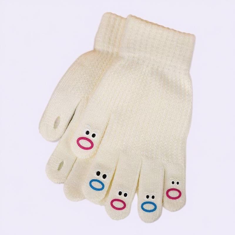 Korean Style Wool Five-Finger Smiling Face Gloves - Cute, Thick, Warm, Touchscreen-Compatible for Autumn/Winter Cycling
