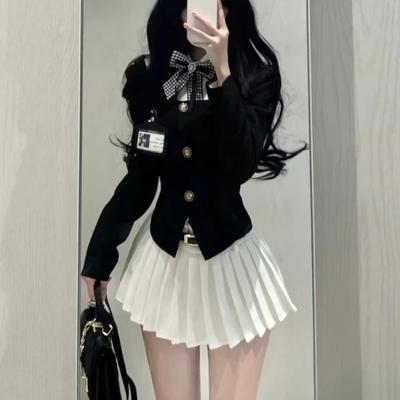 2024 Spring Korean Fashion Preppy Style Skirt Suit Women Elegant Casual Slim Bow Fake Two Piece Tops + Y2k Sweet Mini Skirt New