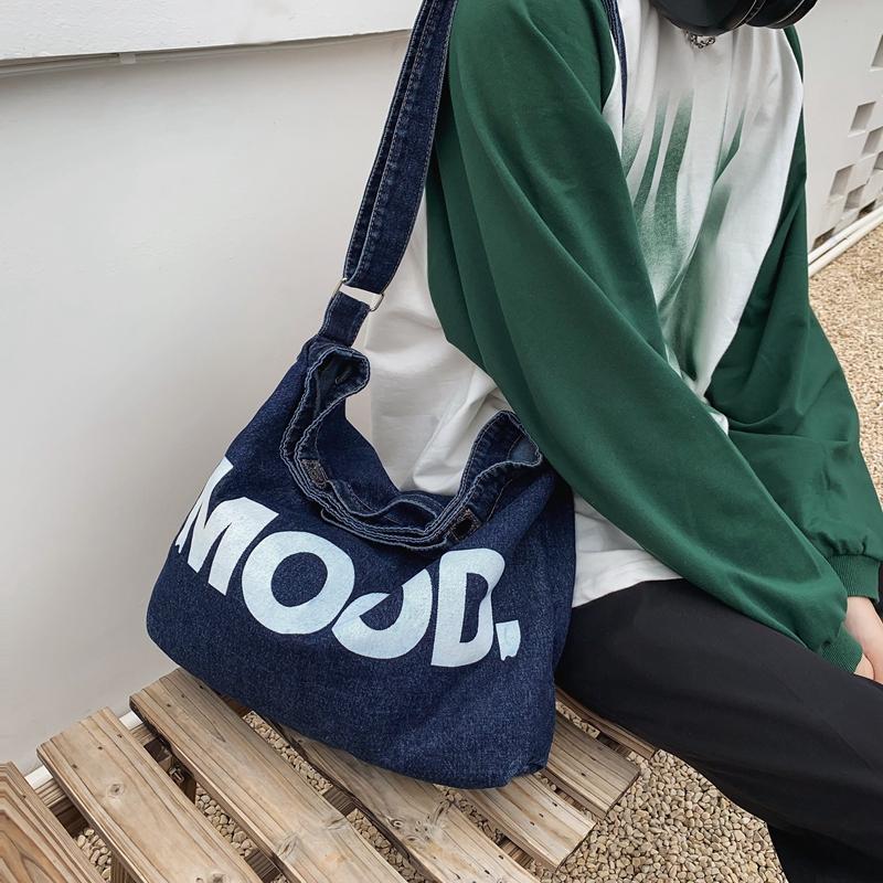 Letter Print Denim Crossbody Bag Large Capacity Student Shoulder Bag Men's Women's Handbags