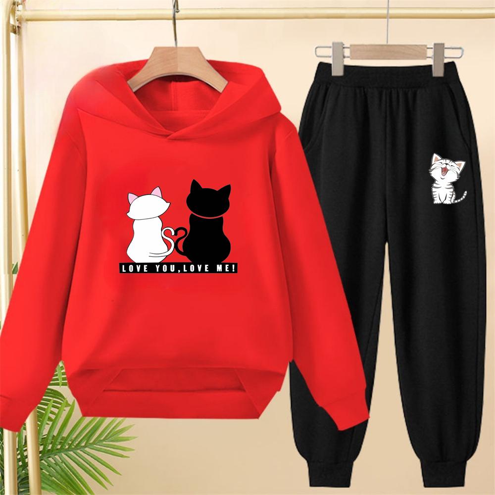 Love You Love Me Girls Children Hoodie White Pink Hoodies+Bottom Pants Suit Toddler Sweatshirr Coat Black Clothing