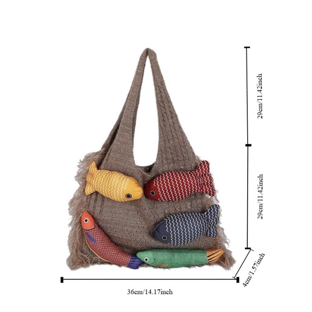 Large Capacity Knitted Tote Bag Casual Boho Shoulder Bags Fish Pattern Woven Bag  Gift Idea