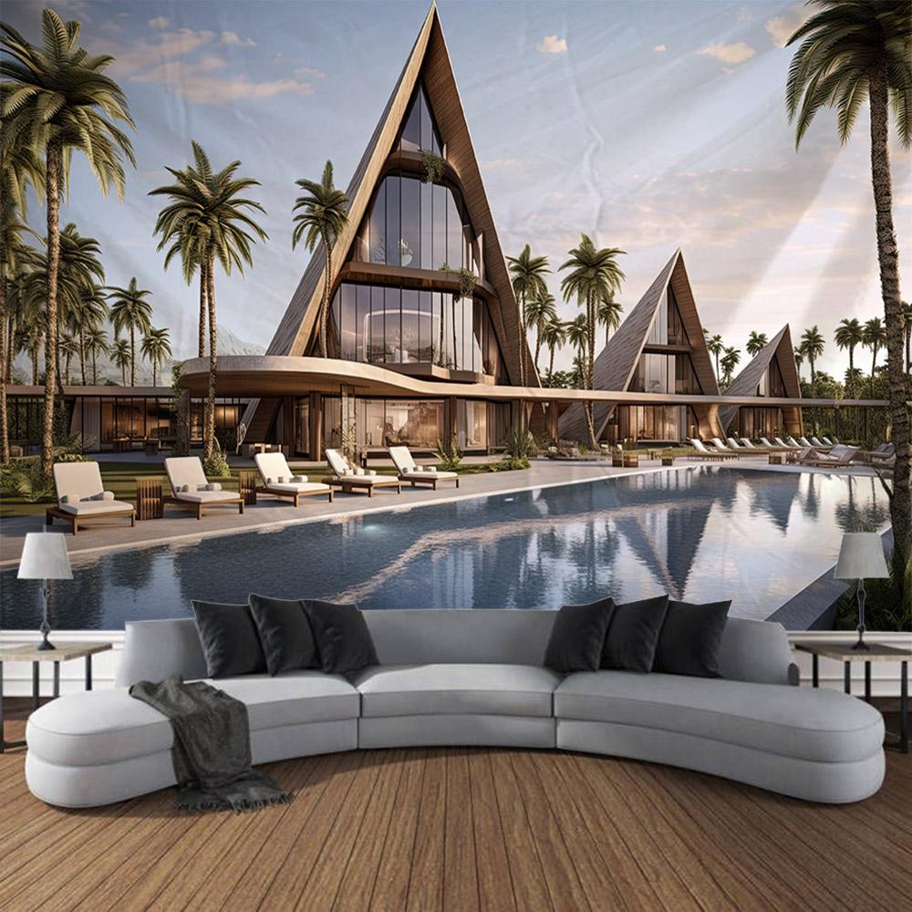Beautiful Seaside Courtyard Landscape Tapestry Wall Hanging Room Wall Decoration Living Room and Bedroom Background Poster