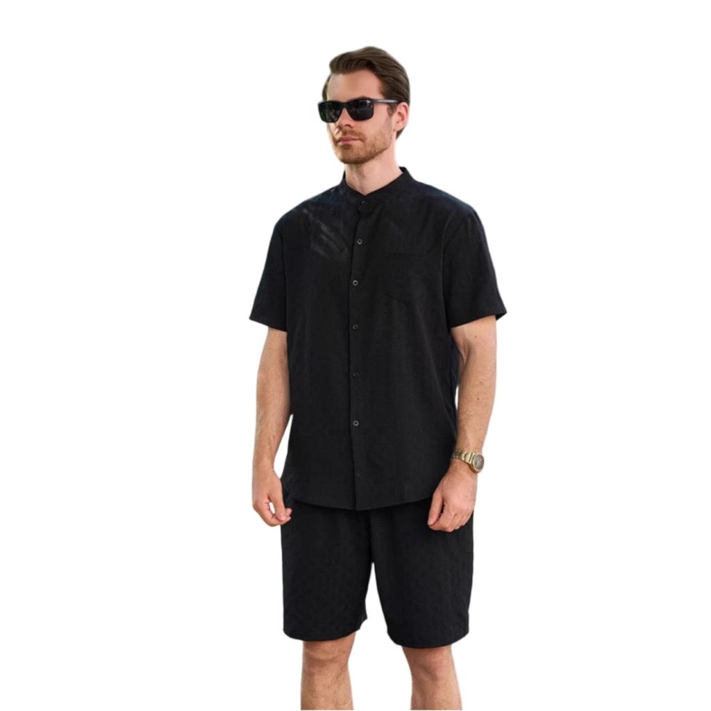 Stand-up Collar Button Short-sleeved T-shirt, Shirt And Shorts Set
