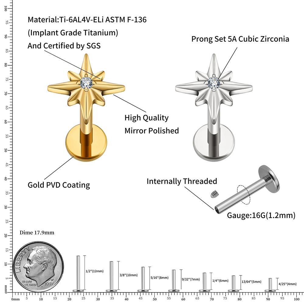 Right Grand ASTM F136 Titanium 16G Sparkling CZ North Star Stud Earring Labret Cartilage Tragus Helix Conch Lobe Piercing