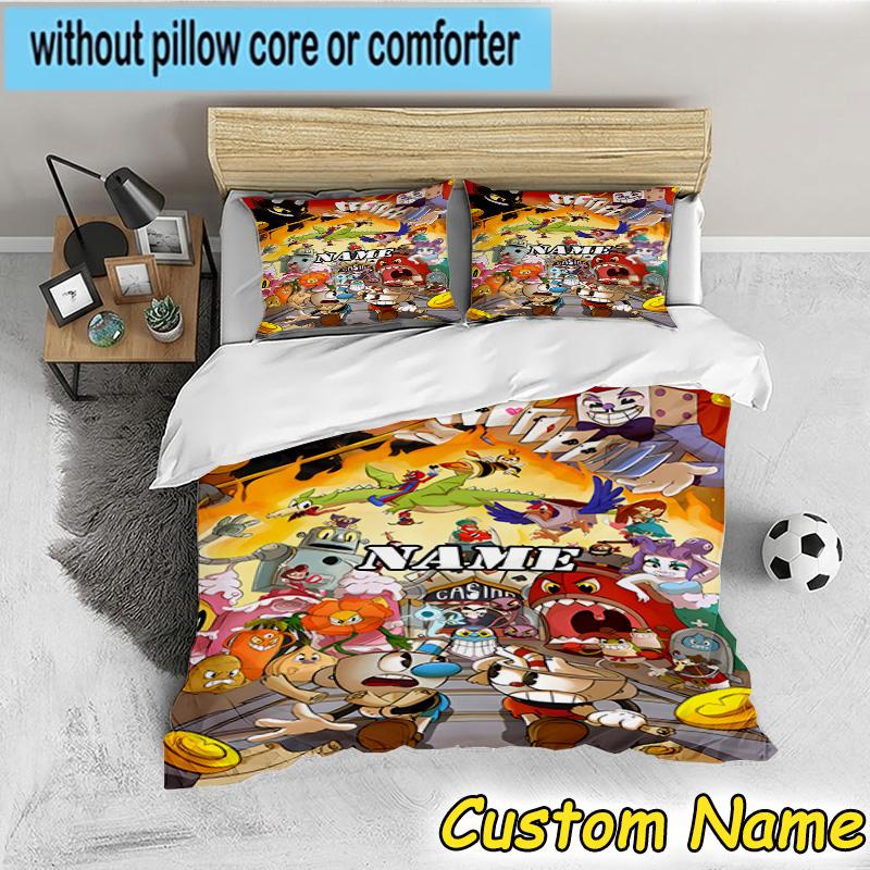 3PCS Custom Name Cup-head Bedding Set, Bedding Set Including 1pc Duvet Cover And 2pcs Pillowcases for Bedroom,Dormitory Gift