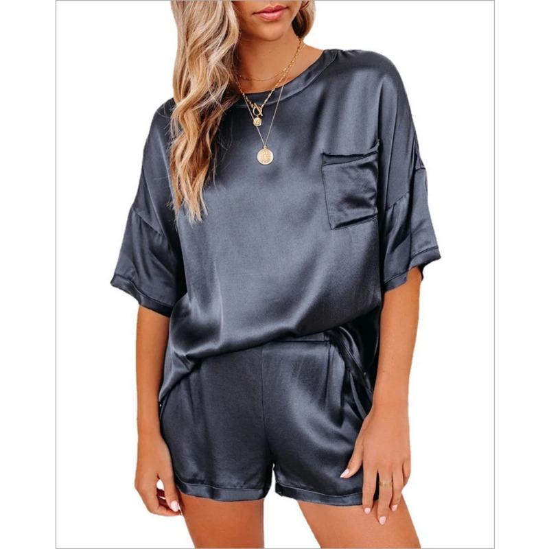 Women's Clothing Solid Color Imitation Silk Pajamas Short-Sleeved Shorts Irregular Two-Piece Suit Solid Color Homewear Set