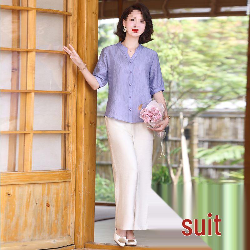 Summer Two-Piece Set: Elegant Short-Sleeved Top & Bottoms for Middle-Aged and Elderly Mothers