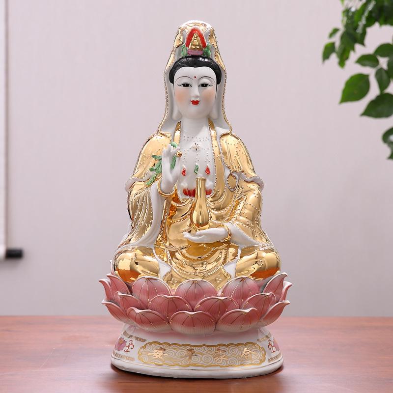 Ten Thousand Pearl Guanyin Bodhisattva on Lotus Ceramic Statue - South China Sea Home Worship Ornament 8 inch Height 20 cm