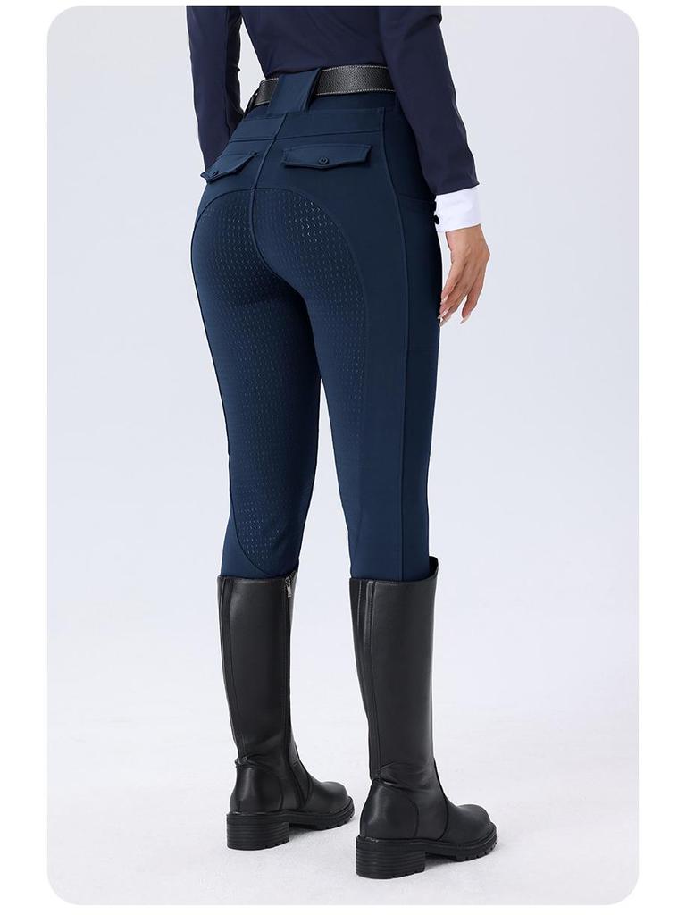 Damskie białe silikonowe bryczesy jeździeckie z pełnym lejem antypoślizgowym - Elastyczne obcisłe spodnie konkursowe jeździeckie, styl europejski i amerykański.