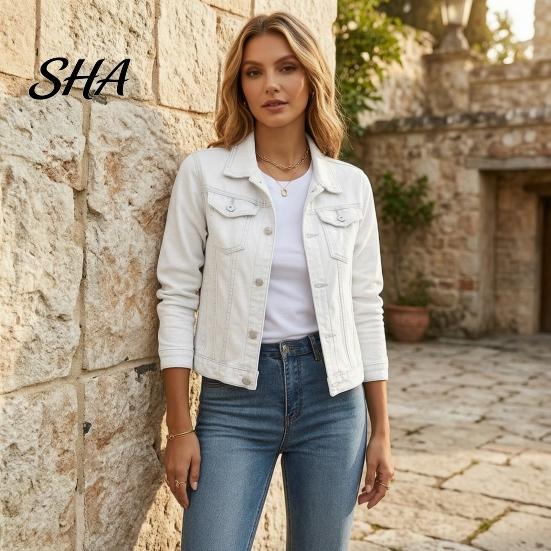 Women Jean Jacket Women's Long Sleeve Cropped Denim Jacket, Button Down Lapel Jeans Coat with Pockets, Fall Spring Lightweight Outerwear