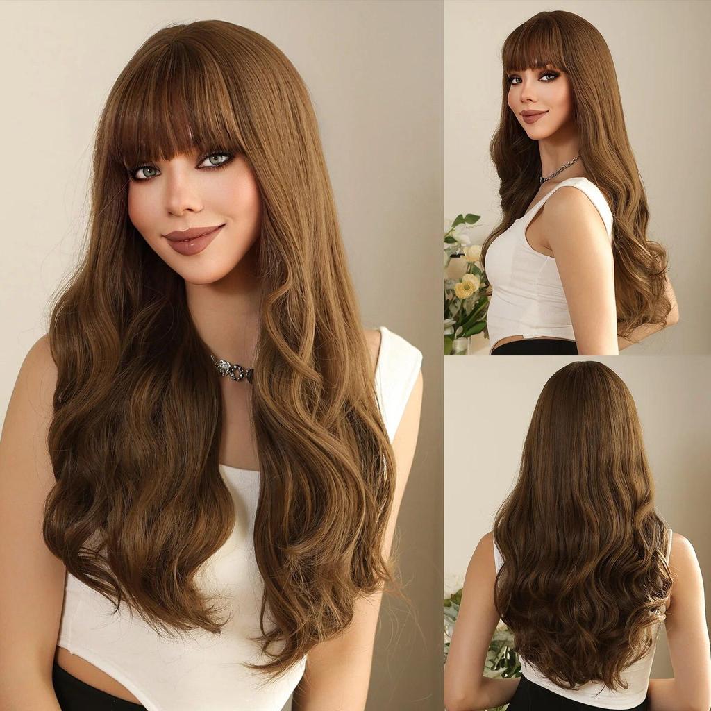 LOUIS FEREE Long Wavy Wig With Bangs Red Brown Ginger Copper Synthetic Wigs for Women Natural Wave Curly Wigs Heat Resistant Hair for Daily