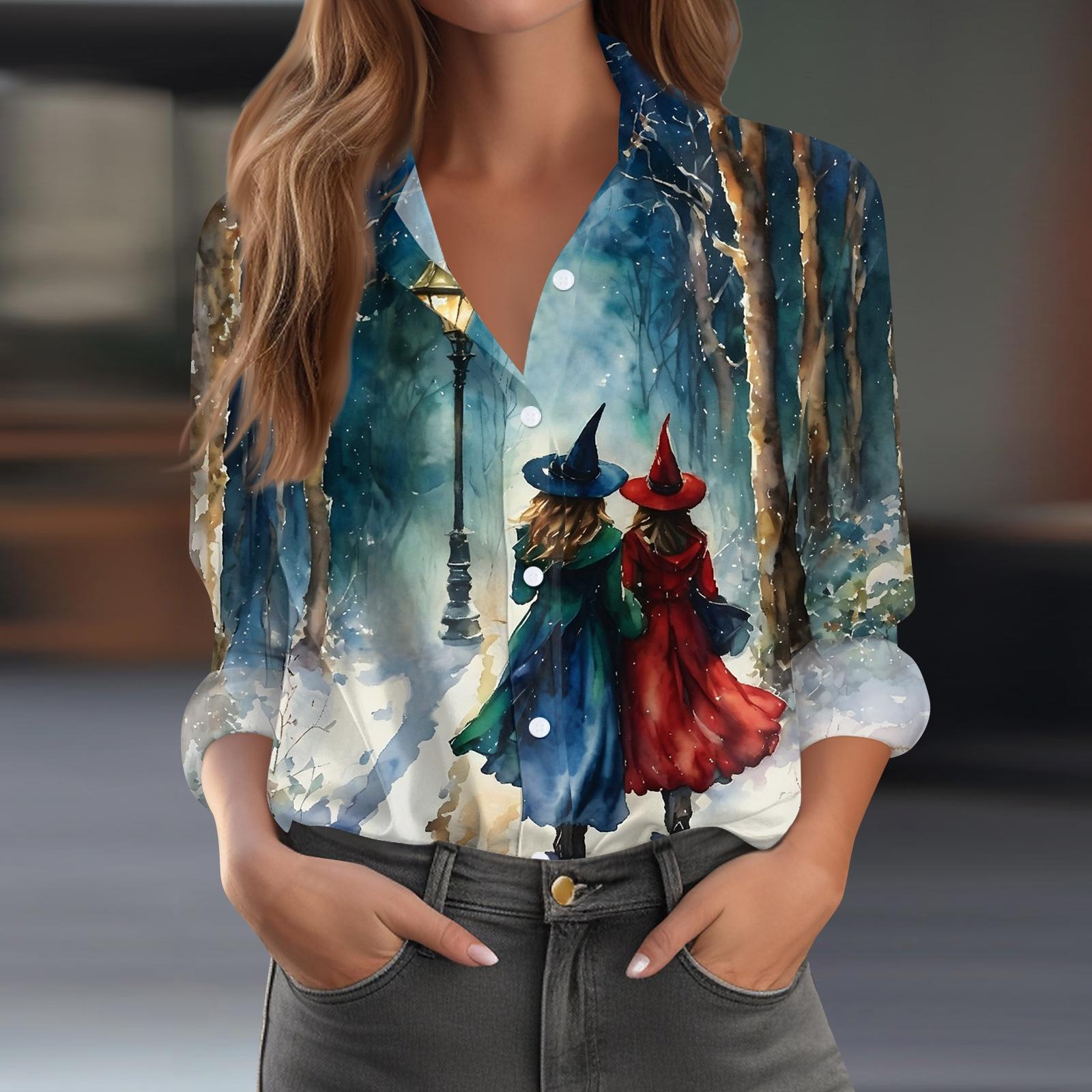 Women s Long Sleeve Button Down Shirt with Halloween Print for Casual Daily Wear L