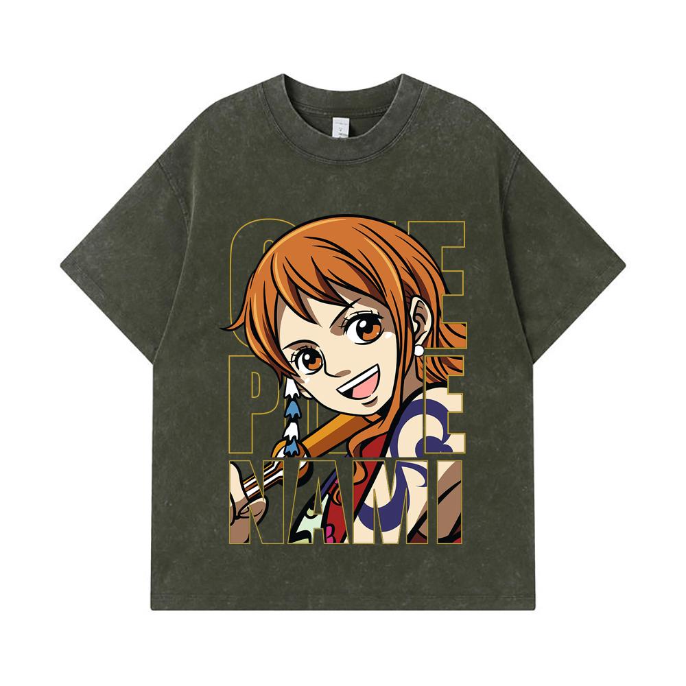 

275 GSM Washed T-shirts 100% Cotton One Piece V61 Nami Print Unisex Heavy Cotton T Shirt S армия зеленый