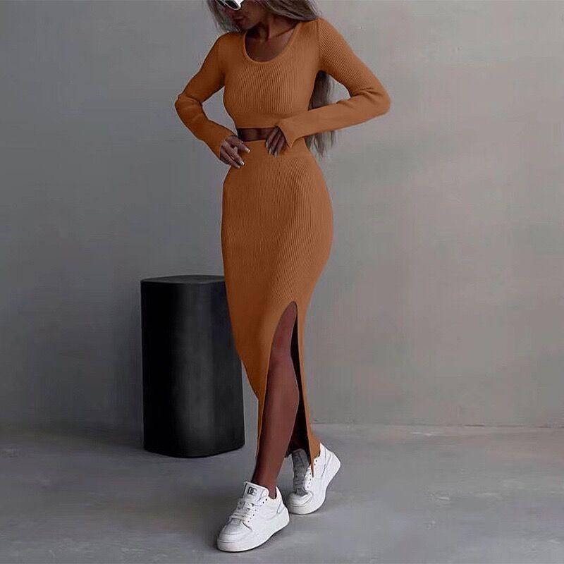 2023 Autumn/Winter Women's Solid Color Knitted Two-Piece Set: Round Neck Top & Long Sleeve Slit Skirt