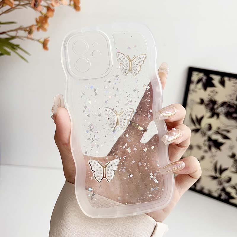 Applicable To Apple 17 Mobile Phone Case, Epoxy Glitter 16 Wavy Butterfly iPhone15 Anti-drop 14 Transparent Protective Case