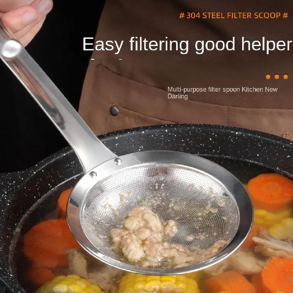 Filter Scoop Steel Fat Skimmer Spoon Strainer Fat Oil Skim Grease Foam Fine Mesh Strainer With Handle Kitchen Tool