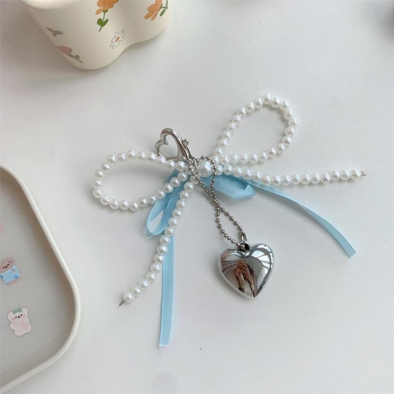Handgemachter Schleifen-Schlüsselanhänger mit Perlenherz-Dekoration, Handy-Anhänger, Schlüsselring, Taschenanhänger für Handys und Geldbörsen