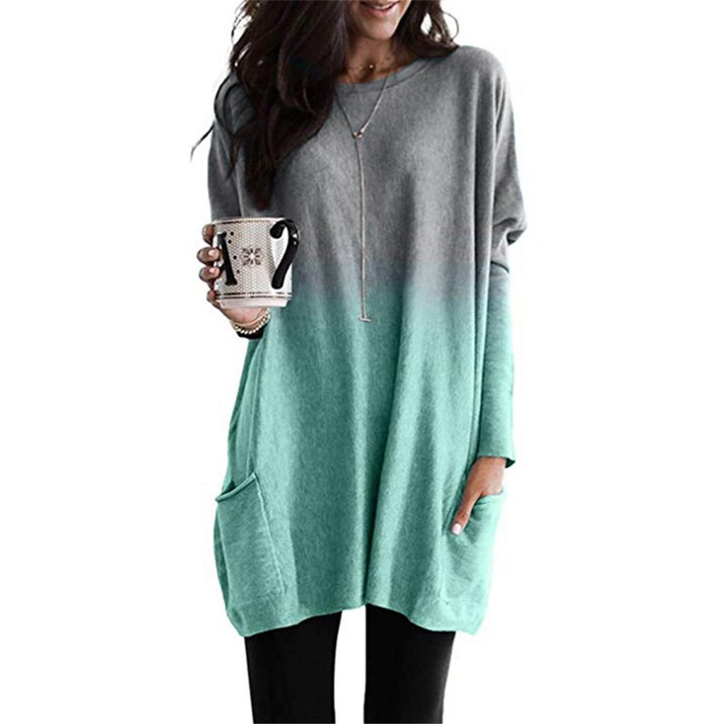 Long Tunic Pullover Sweatshirt Blouse Tops For Women Long Sleeve Casual Baggy Pullover Jumper Pocket Tunic Gradient Wear T-Shirt Tops