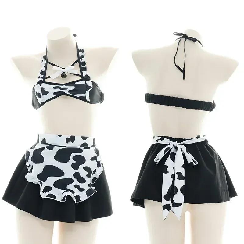 Cow Series Swimsuit Bodysuit Bikini Maid Unifrom Costume Summer Beach Kawaii Girl Swimwear Skirt Uniform Set Cosplay