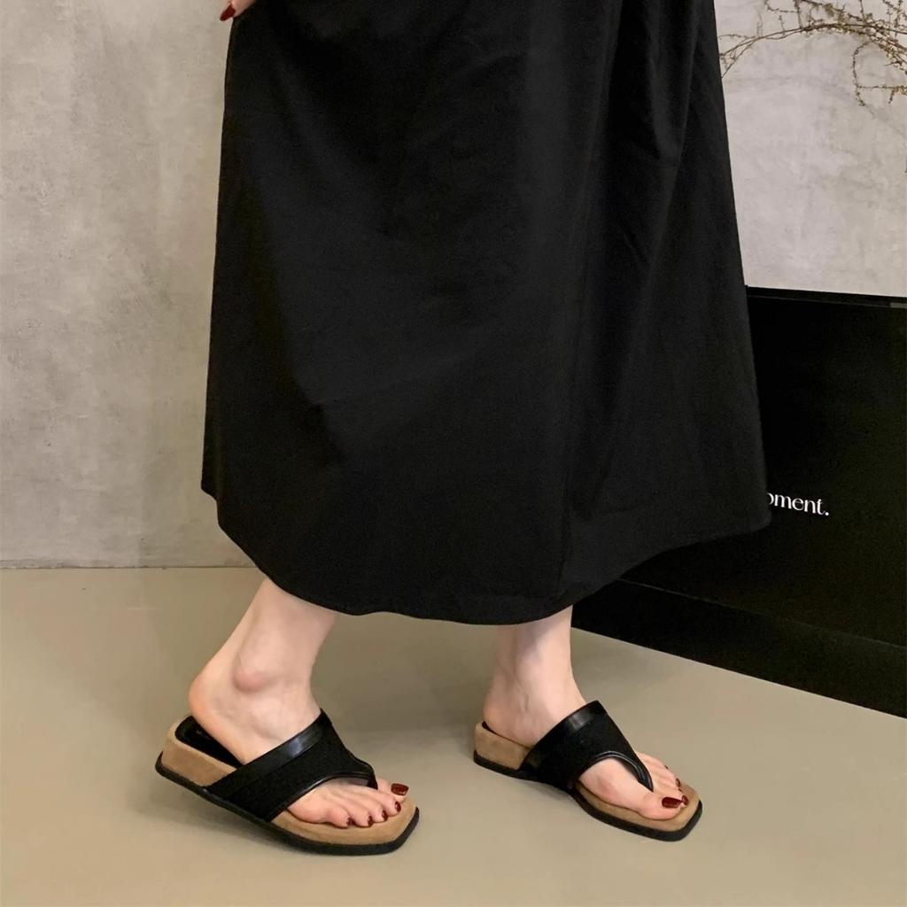 French beautiful toe linen sandals women's summer wear 2025 new models with skirts holiday platform flip-flops